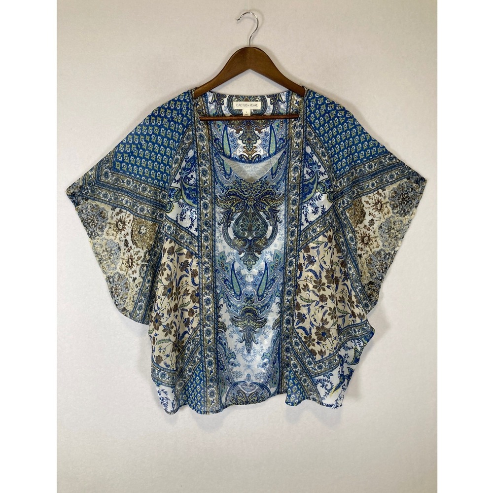 Boho Cactus + Pearl Women Large Blue Paisley Floral Dolman Batwing‎ Sleeve Top